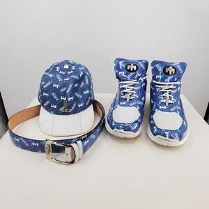 Mauri Mens Blue Logo Print Sneaker Belt Hat Set Size 13 Genuine Crocodile Italy